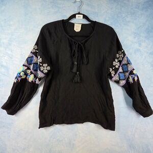 Harper Heritage Black Embroidered Balloon Sleeve Peasant Blouse XS Boho Tassel